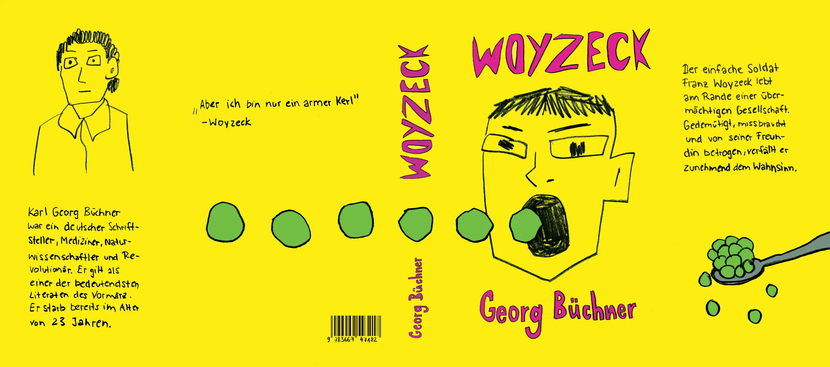 Das ist eine Illustration für ein Buchcover des Klassikers Woyzeck, auf dem der ganze Buchumschlag aufgeklappt zu sehen ist